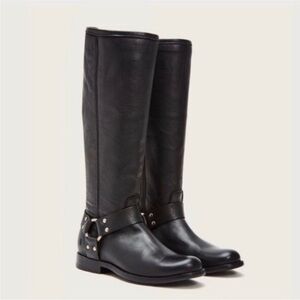 Frye Phillip Harness Black Leather Tall Boots Size 6